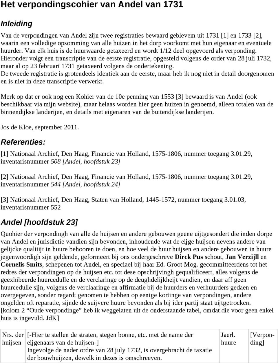 Hieronder volgt een transcriptie van de eerste registratie, opgesteld volgens de order van 28 juli 1732, maar al op 23 februari 1731 getaxeerd volgens de ondertekening.