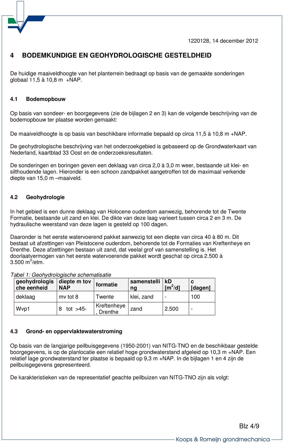 informatie bepaald op circa 11,5 à 10,8 m +NAP. De geohydrologische beschrijving van het onderzoekgebied is gebaseerd op de Grondwaterkaart van Nederland, kaartblad 33 Oost en de onderzoeksresultaten.