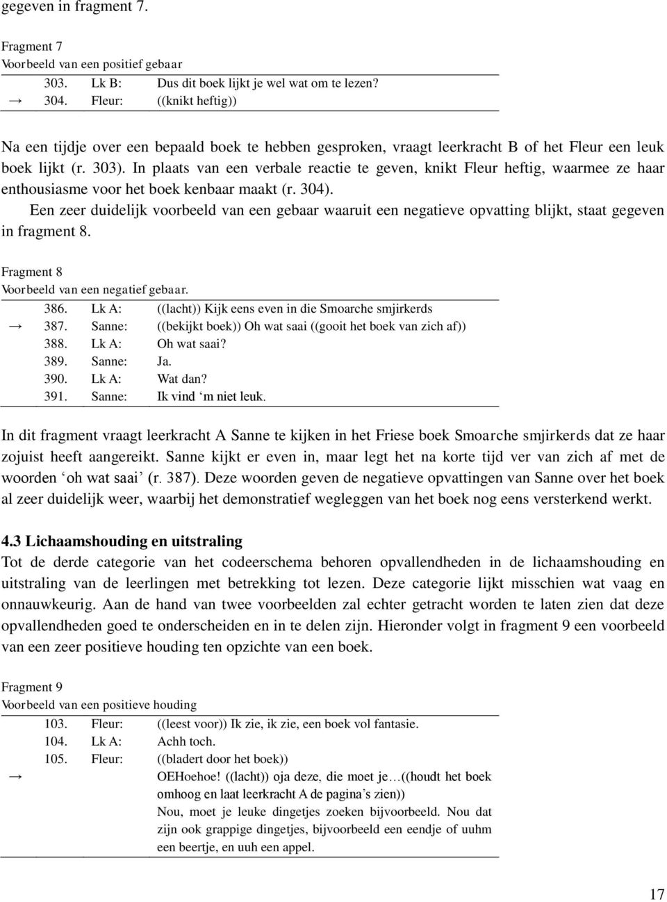 In plaats van een verbale reactie te geven, knikt Fleur heftig, waarmee ze haar enthousiasme voor het boek kenbaar maakt (r. 304).