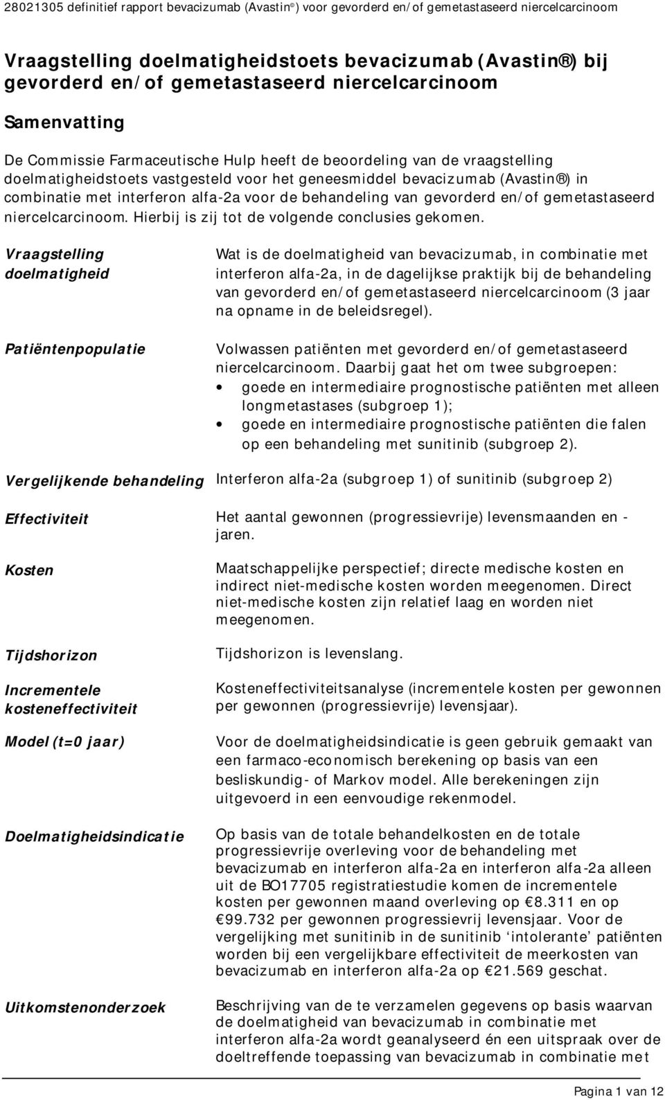 interferon alfa-2a voor de behandeling van gevorderd en/of gemetastaseerd niercelcarcinoom. Hierbij is zij tot de volgende conclusies gekomen.