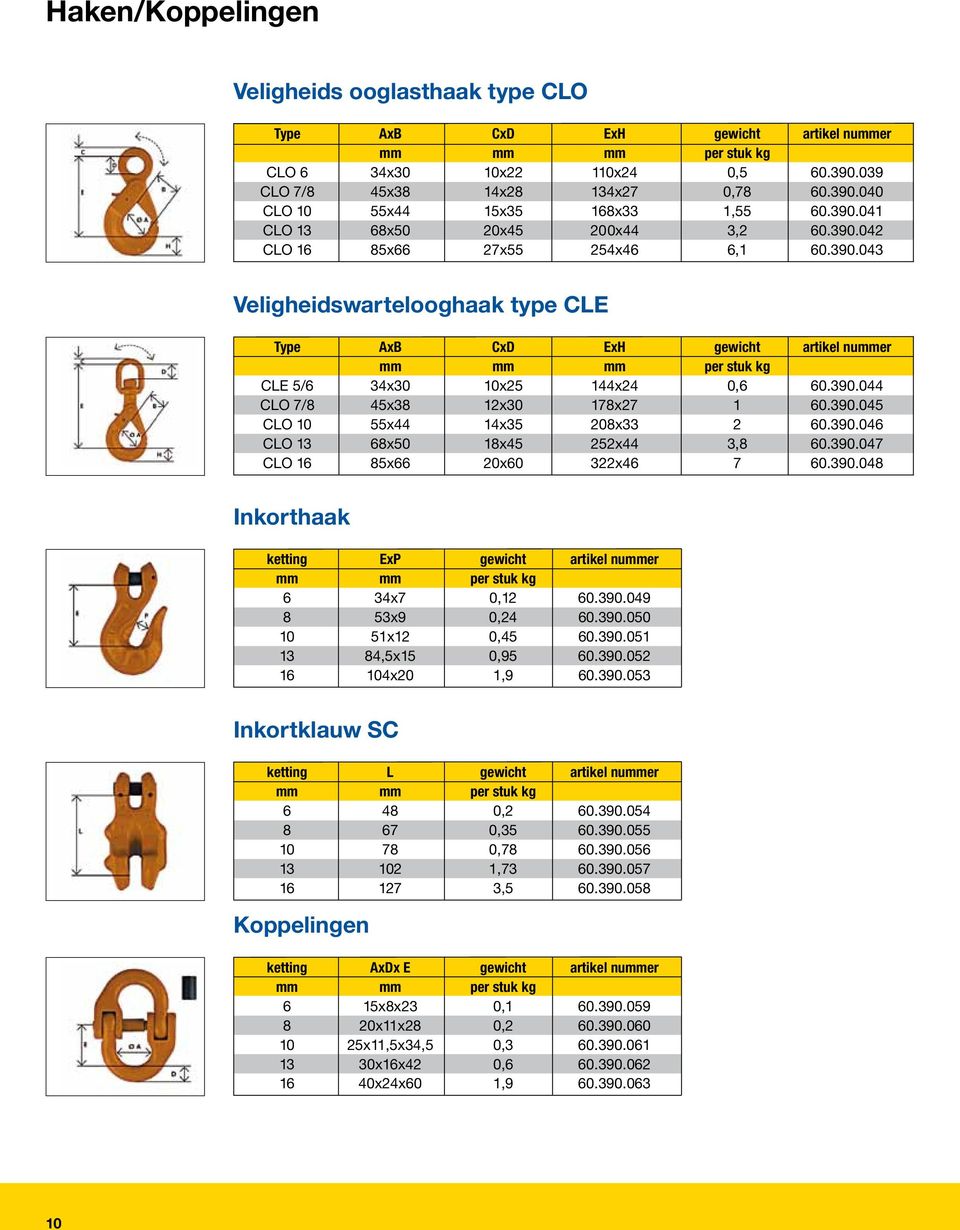 390.044 CLO 7/8 45x38 12x30 178x27 1 60.390.045 CLO 10 55x44 14x35 208x33 2 60.390.046 CLO 13 68x50 18x45 252x44 3,8 60.390.047 CLO 16 85x66 20x60 322x46 7 60.390.048 Inkorthaak ketting ExP gewicht artikel nummer mm mm per stuk kg 6 34x7 0,12 60.