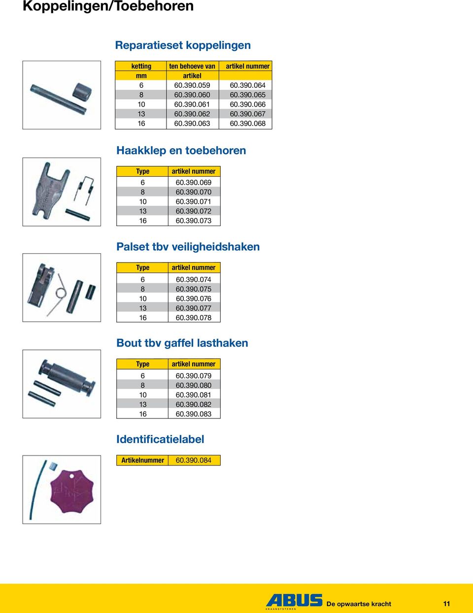 390.072 16 60.390.073 Palset tbv veiligheidshaken Type artikel nummer 6 60.390.074 8 60.390.075 10 60.390.076 13 60.390.077 16 60.390.078 Bout tbv gaffel lasthaken Type artikel nummer 6 60.