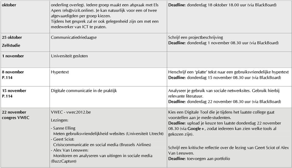 00 uur (via BlackBoard) Schrijf een projectbeschrijving Deadline: donderdag 1 november 08.