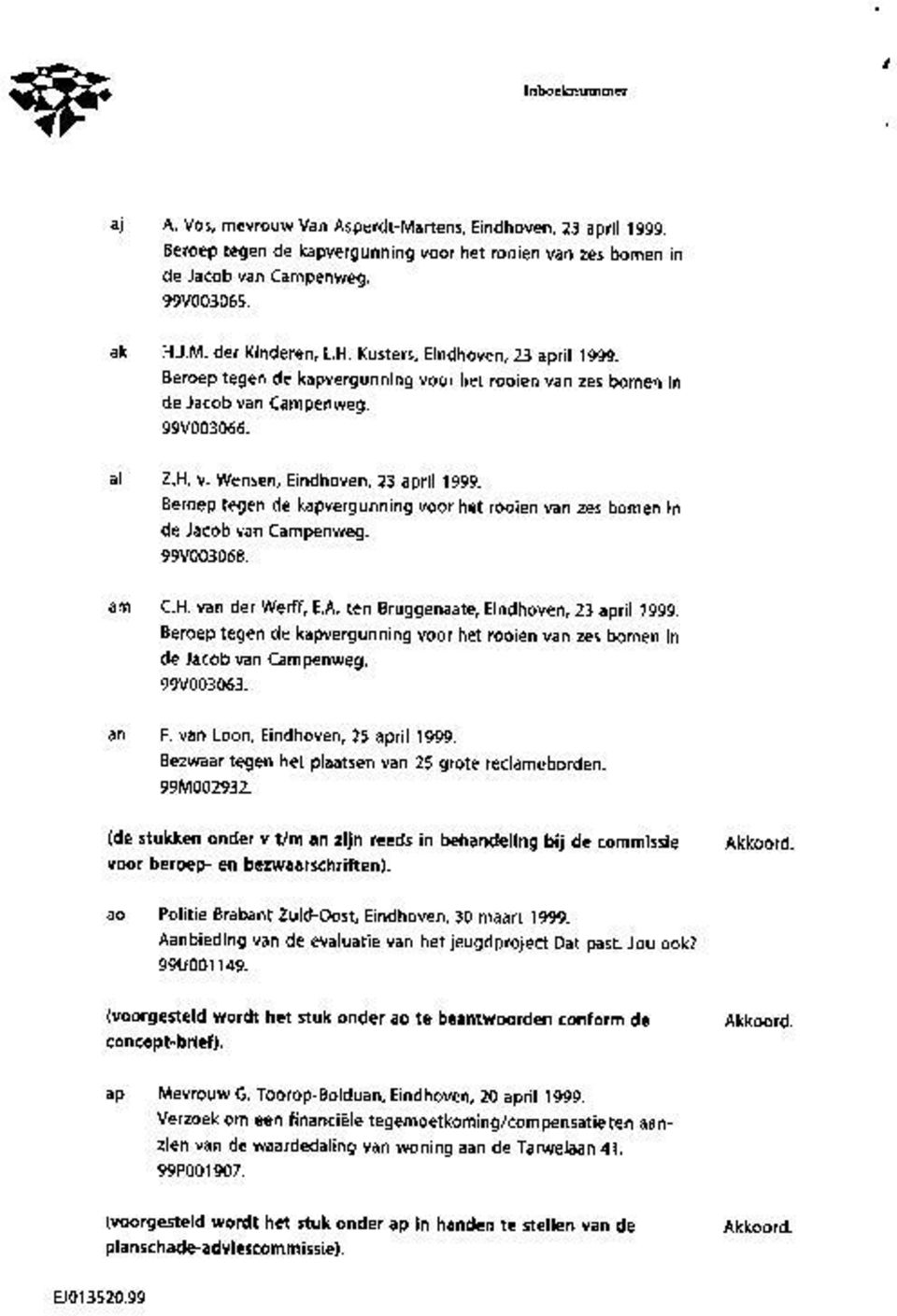Beroep tegen de kapvergunning voor het rooien van zes bomen in de Jacob van Campenweg. 99V003068. am C.H. van der Werff, E.A. ten Bruggenaate, Eindhoven, 23 april 1999.