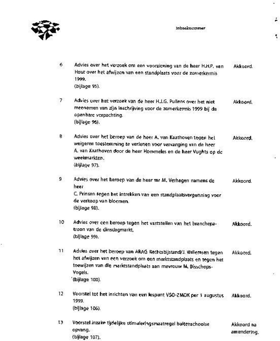van Kaathoven tegen het weigeren toestemming te verlenen voor vervanging van de heer A. van Kaathoven door de heer Hommeles en de heer Vughts op de weekmarkten. (bijlage 97).