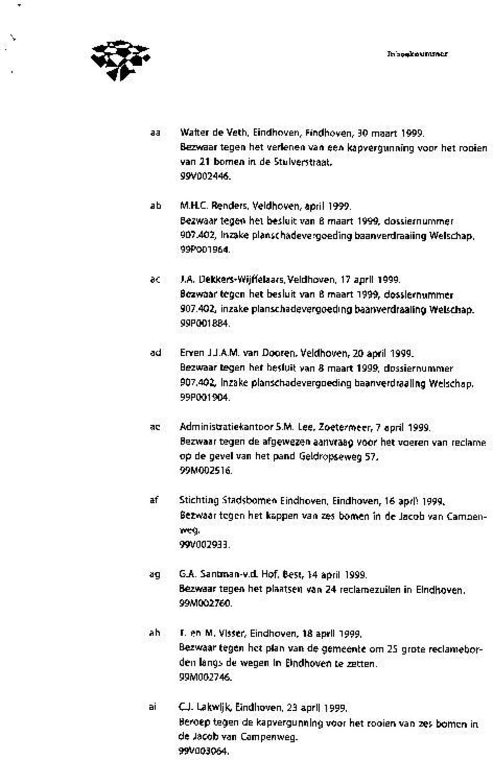 Dekkers-Wijffelaars, Veldhoven, 17 april 1999. Bezwaar tegen het besluit van 8 maart 1999, dossiernummer 907.402, inzake planschadevergoeding baanverdraaiing Welschap. 99P001884. ad Erven J J.A.M.