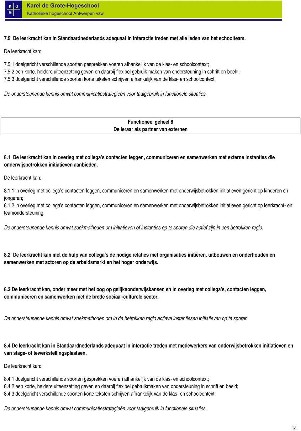 De ondersteunende kennis omvat communicatiestrategieën voor taalgebruik in functionele situaties. Functioneel geheel 8 De leraar als partner van externen 8.