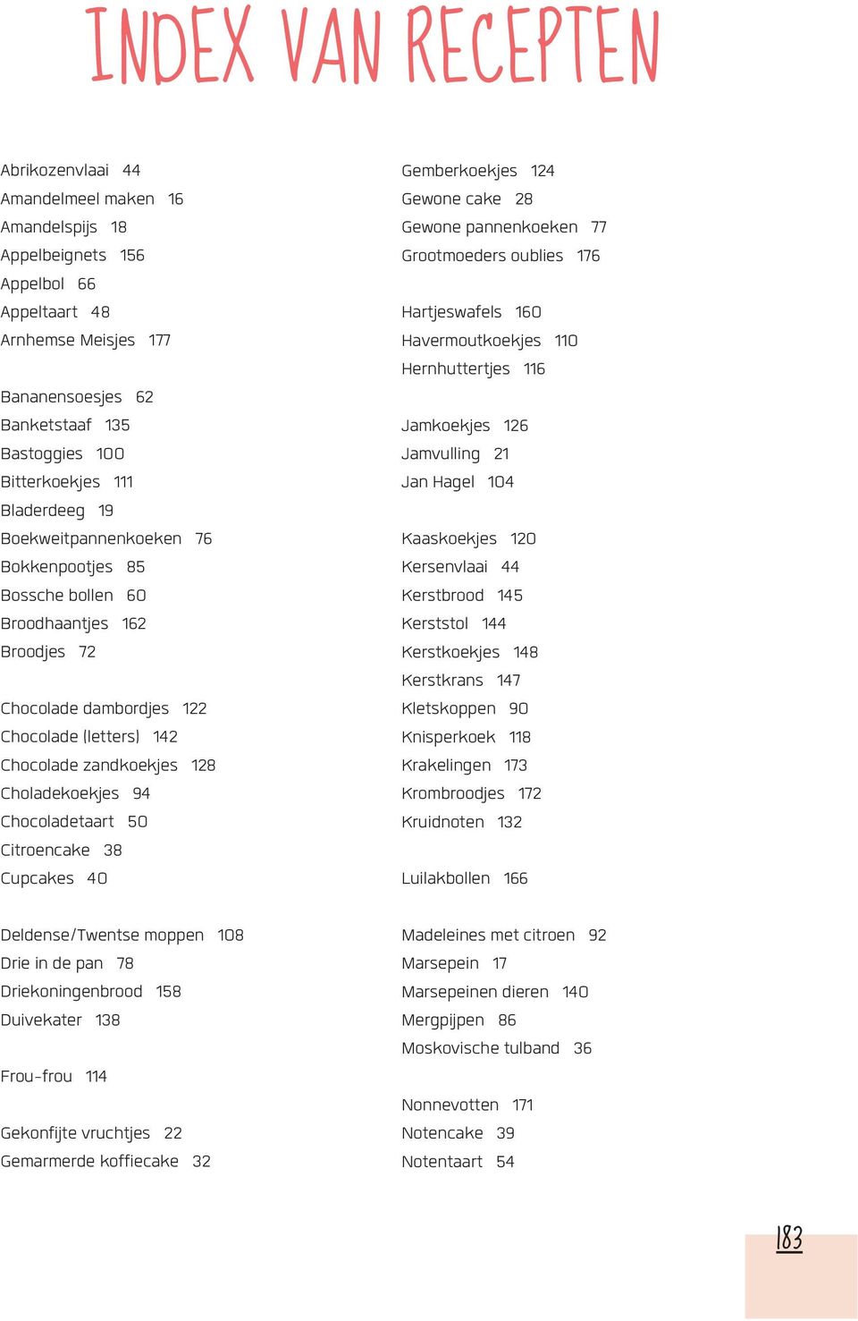 Choladekoekjes 94 Chocoladetaart 50 Citroencake 38 Cupcakes 40 Deldense/Twentse moppen 108 Drie in de pan 78 Driekoningenbrood 158 Duivekater 138 Frou-frou 114 Gekonfijte vruchtjes 22 Gemarmerde