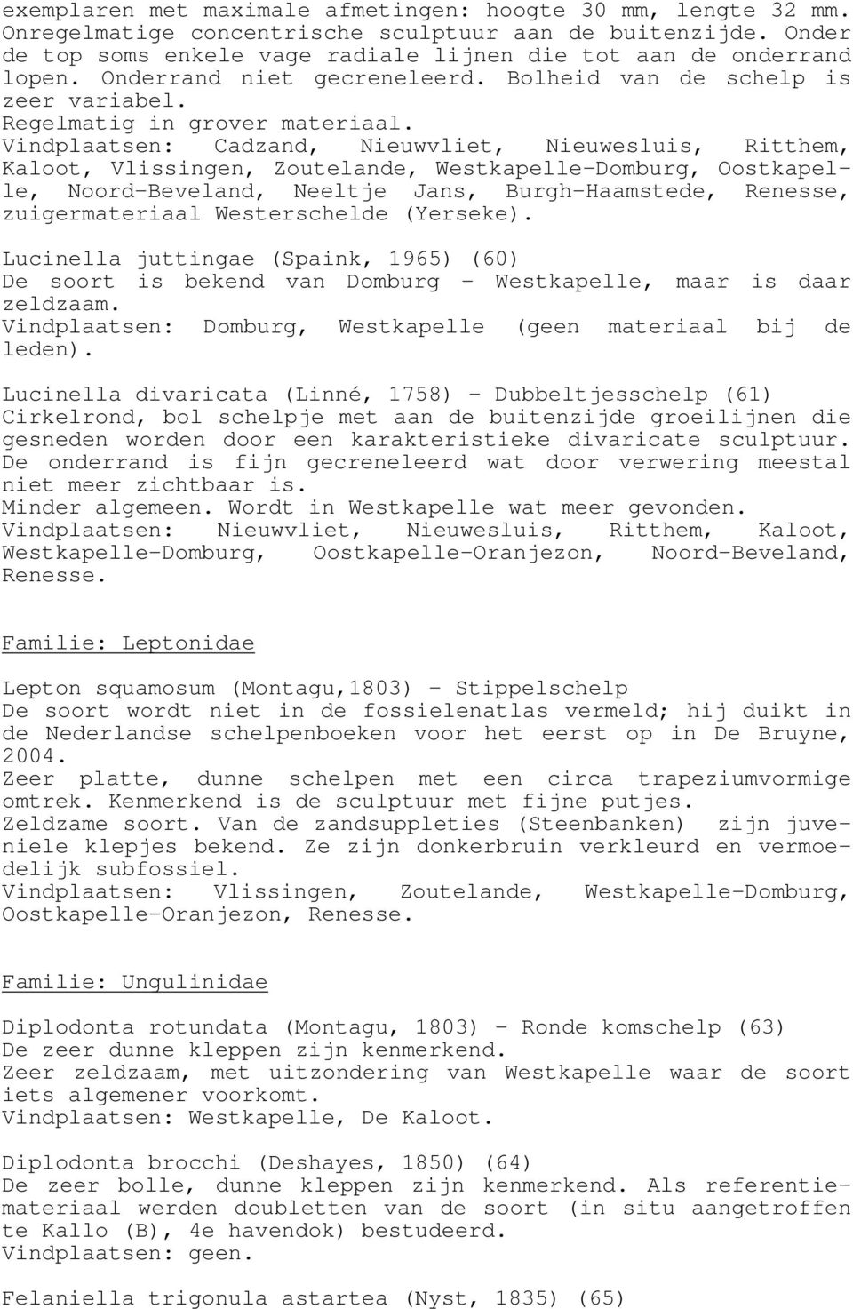 Vindplaatsen: Cadzand, Nieuwvliet, Nieuwesluis, Ritthem, Kaloot, Vlissingen, Zoutelande, Westkapelle-Domburg, Oostkapelle, Noord-Beveland, Neeltje Jans, Burgh-Haamstede, Renesse, zuigermateriaal