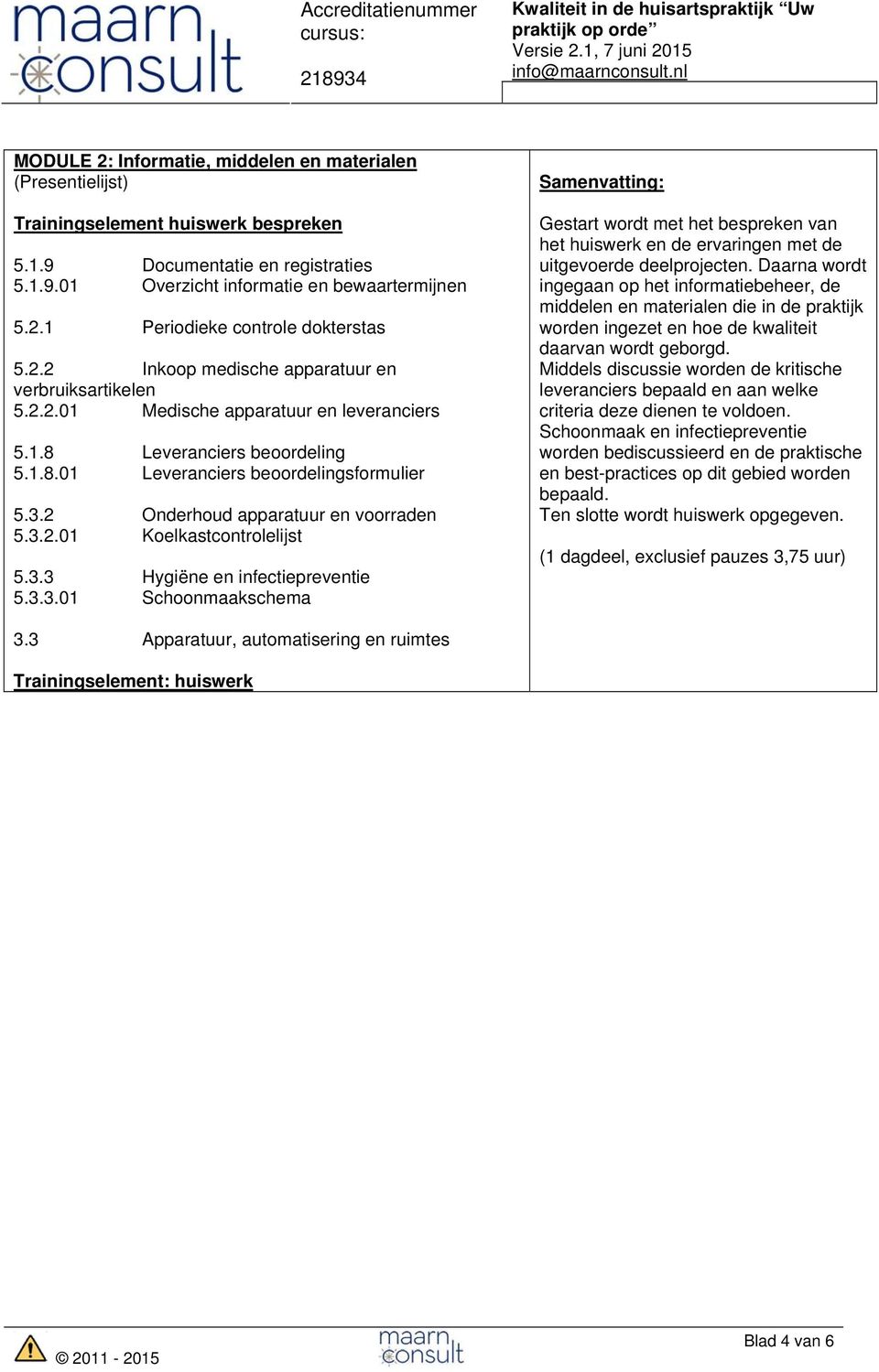 2 Onderhoud apparatuur en voorraden 5.3.2.01 Koelkastcontrolelijst 5.3.3 Hygiëne en infectiepreventie 5.3.3.01 Schoonmaakschema Gestart wordt met het bespreken van het huiswerk en de ervaringen met de uitgevoerde deelprojecten.