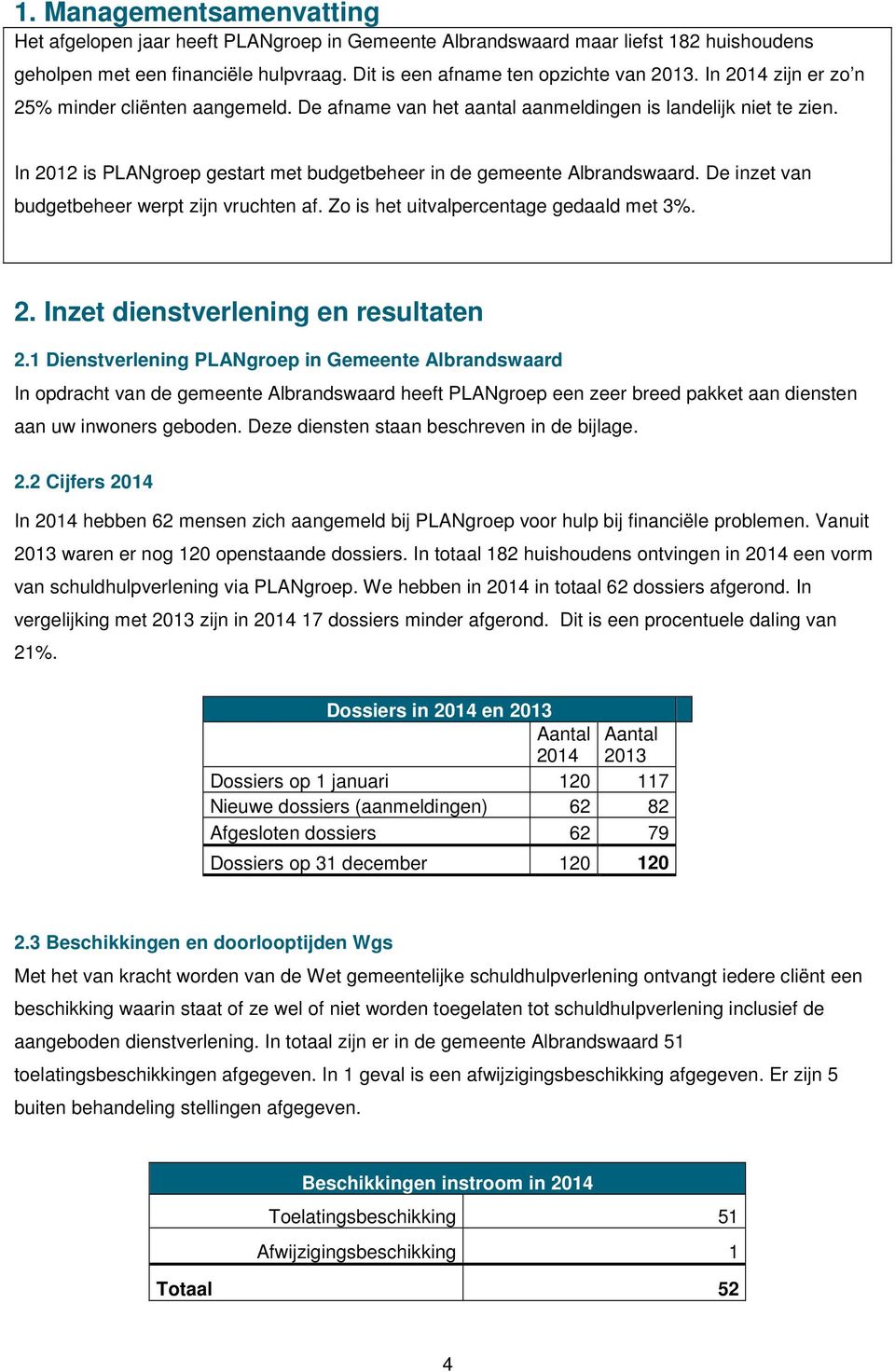 De inzet van budgetbeheer werpt zijn vruchten af. Zo is het uitvalpercentage gedaald met 3%. 2. Inzet dienstverlening en resultaten 2.