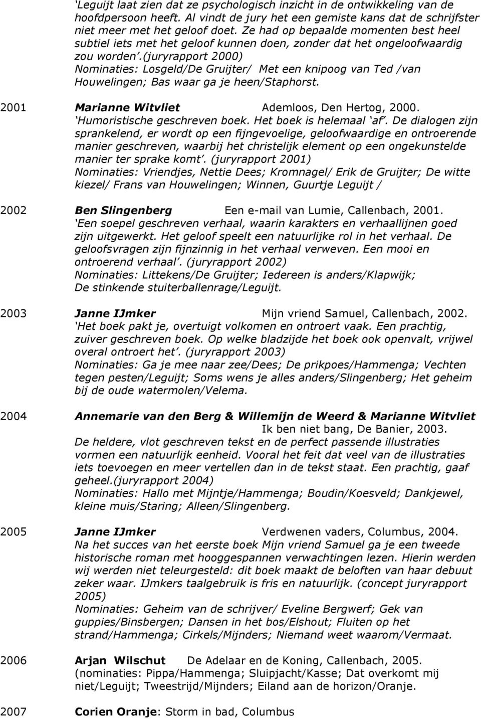 (juryrapport 2000) Nominaties: Losgeld/De Gruijter/ Met een knipoog van Ted /van Houwelingen; Bas waar ga je heen/staphorst. 2001 Marianne Witvliet Ademloos, Den Hertog, 2000.