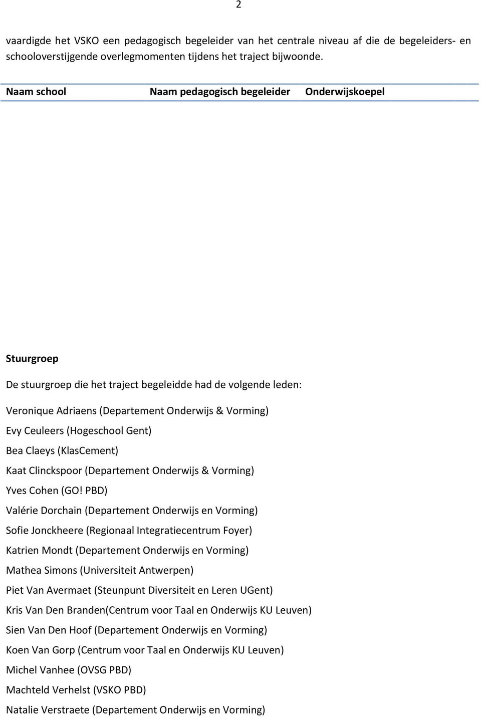 Centrale begeleiding Greet Van Mello VSKO Stuurgroep De stuurgroep die het traject begeleidde had de volgende leden: Veronique Adriaens (Departement Onderwijs & Vorming) Evy Ceuleers (Hogeschool