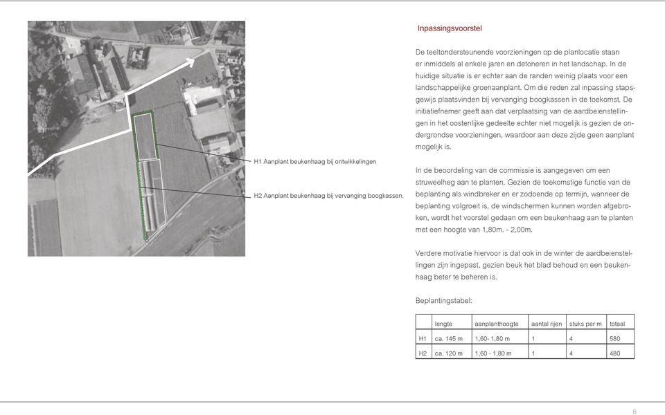 In de huidige situatie is er echter aan de randen weinig plaats voor een landschappelijke groenaanplant. Om die reden zal inpassing stapsgewijs plaatsvinden bij vervanging boogkassen in de toekomst.