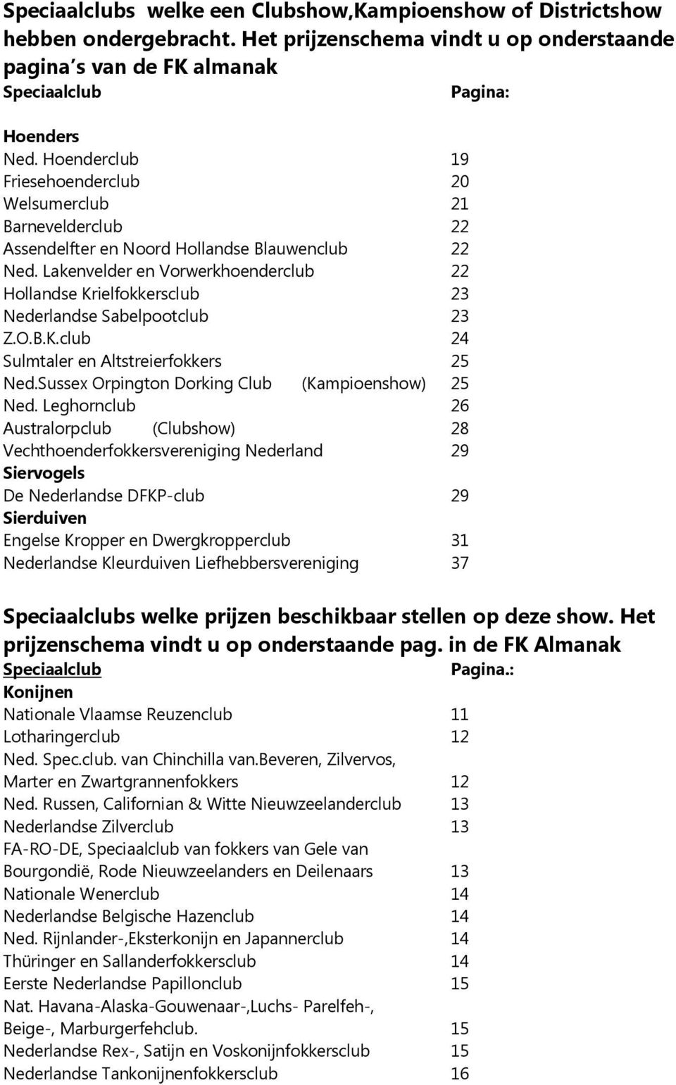 Lakenvelder en Vorwerkhoenderclub 22 Hollandse Krielfokkersclub 23 Nederlandse Sabelpootclub 23 Z.O.B.K.club 24 Sulmtaler en Altstreierfokkers 25 Ned.