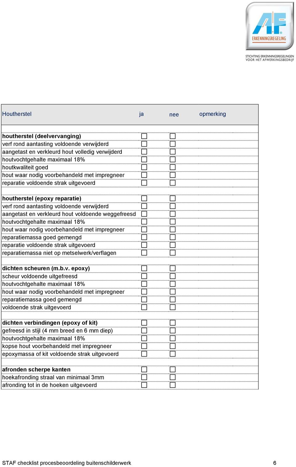 weggefreesd houtvochtgehalte maximaal 18% hout waar nodig voorbehandeld met impregneer reparatiemassa goed gemengd reparatie voldoende strak uitgevoerd reparatiemassa niet op metselwerk/verflagen