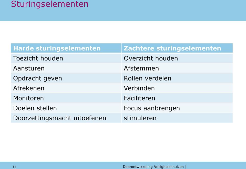 uitoefenen Zachtere sturingselementen Overzicht houden Afstemmen