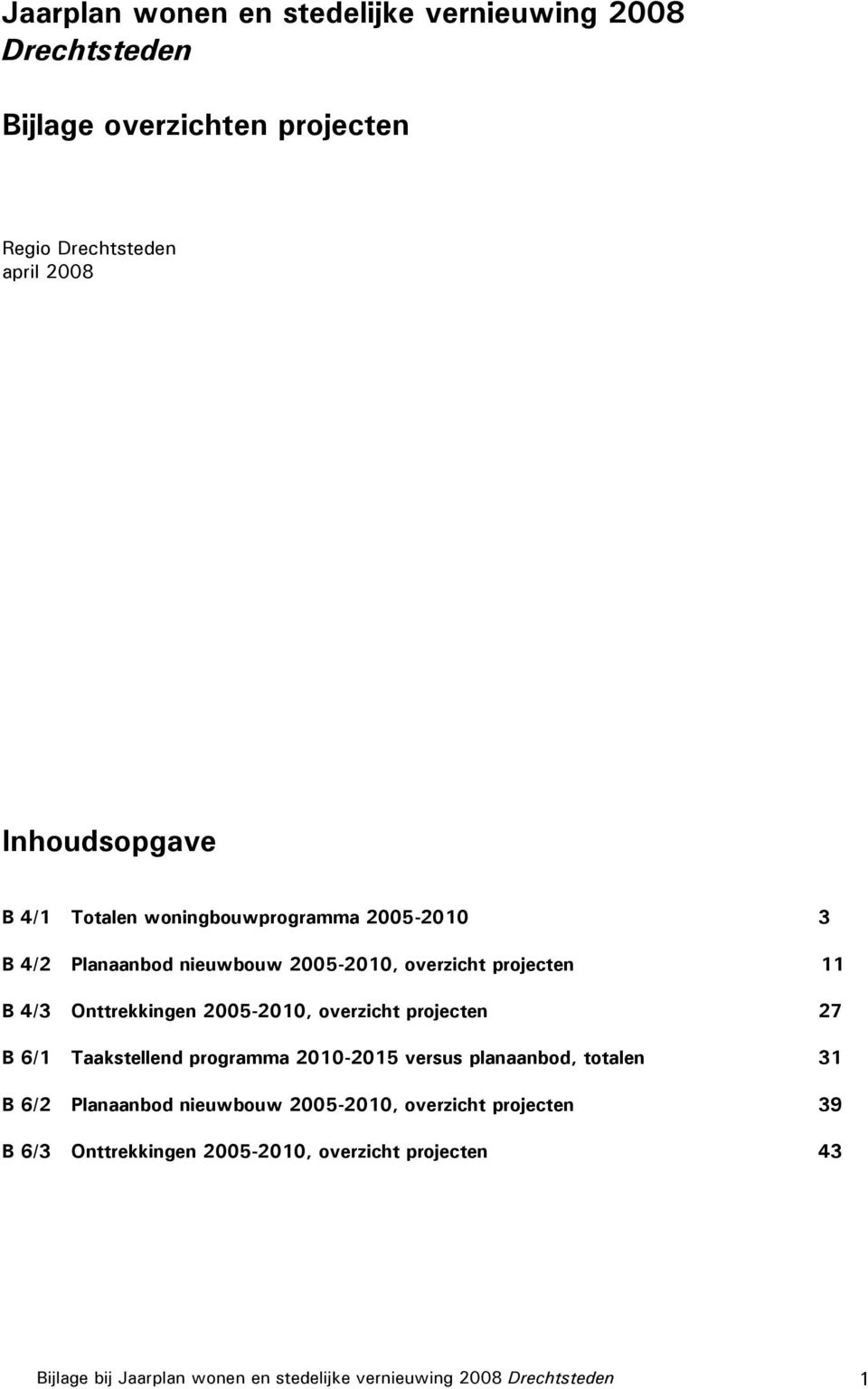 overzicht projecten 27 B 6/1 Taakstellend programma 2010-2015 versus planaanbod, totalen 31 B 6/2 Planaanbod nieuwbouw 2005-2010,