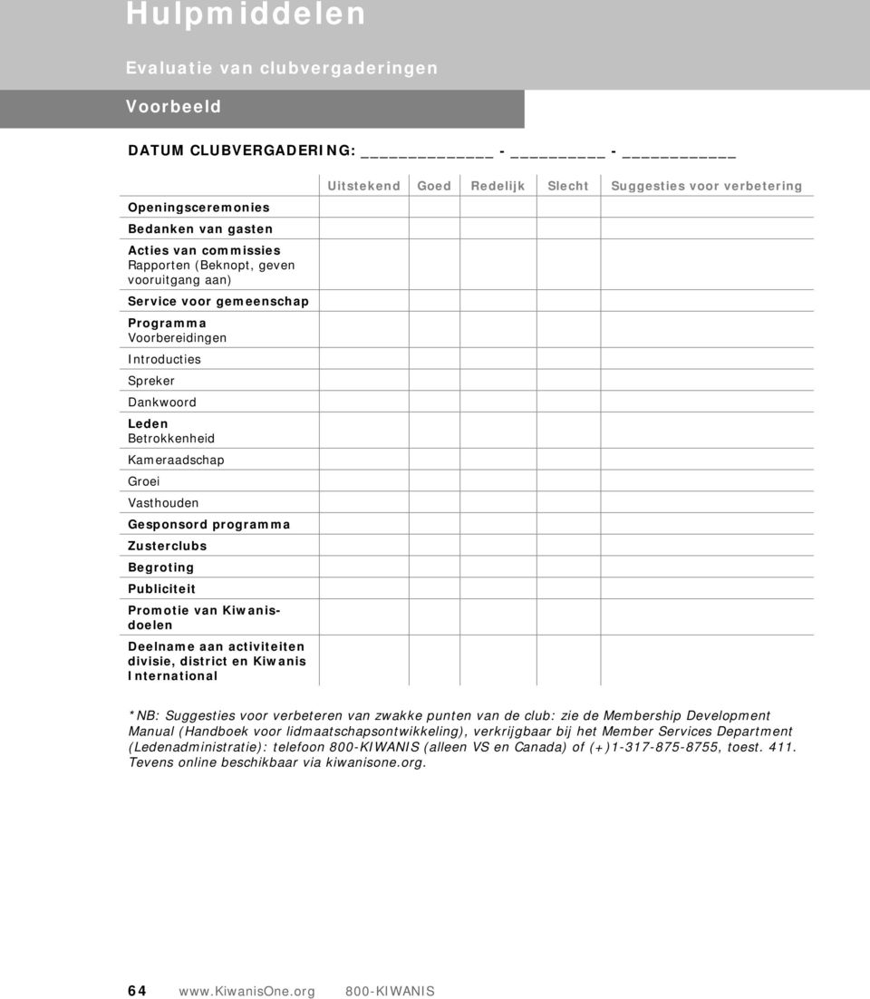 Kiwanisdoelen Deelname aan activiteiten divisie, district en Kiwanis International Uitstekend Goed Redelijk Slecht Suggesties voor verbetering *NB: Suggesties voor verbeteren van zwakke punten van de