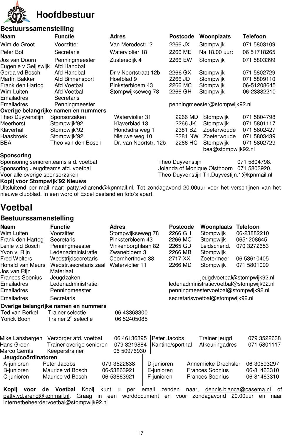 00 uur: 06 51718265 Jos van Doorn Penningmeester Zustersdijk 4 2266 EW Stompwijk 071 5803399 Eugenie v Geijlswijk Afd Handbal Gerda vd Bosch Afd Handbal Dr v Noortstraat 12b 2266 GX Stompwijk 071