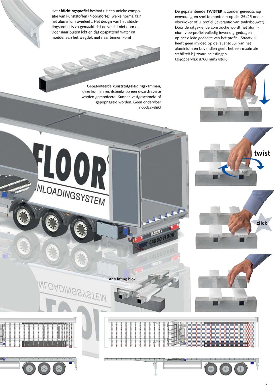 TWISTER is zonder gereedschap eenvoudig en snel te monteren op de 25x25 onder- Door de uitgekiende constructie wordt het aluminium vloerprofiel volledig inwendig gedragen heeft geen invloed op