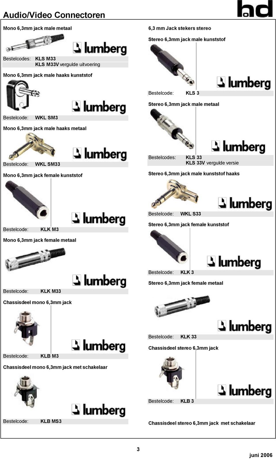 versie Stereo 6,3mm jack male kunststof haaks WKL S33 KLK M3 Stereo 6,3mm jack female kunststof Mono 6,3mm jack female metaal KLK M33 KLK 3 Stereo 6,3mm jack female