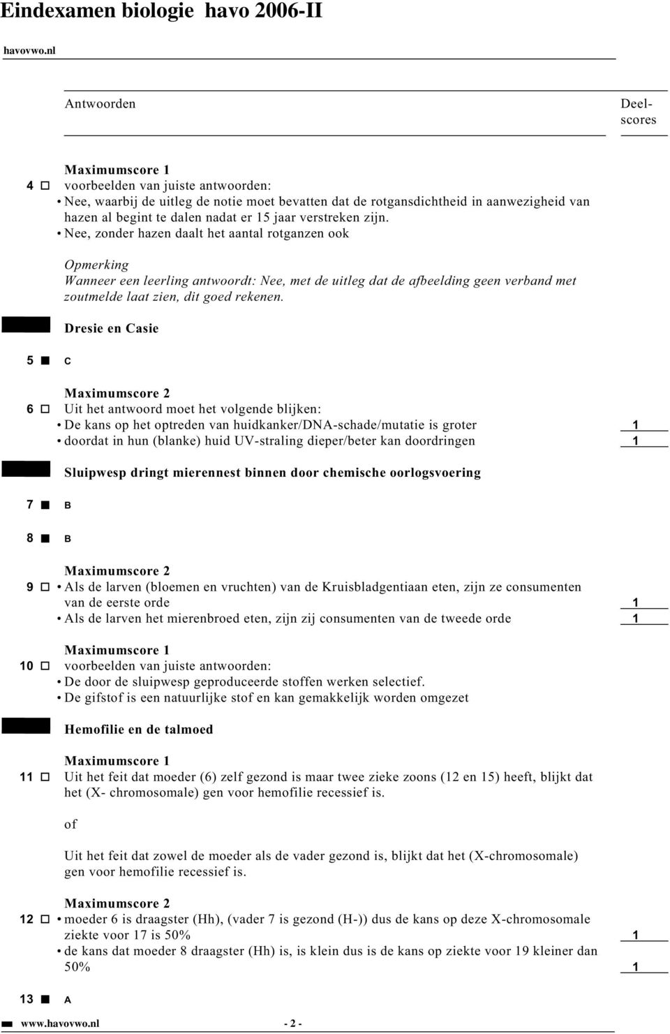 Dresie en Casie 5 C 6 Uit het antwoord moet het volgende blijken: De kans op het optreden van huidkanker/dna-schade/mutatie is groter 1 doordat in hun (blanke) huid UV-straling dieper/beter kan