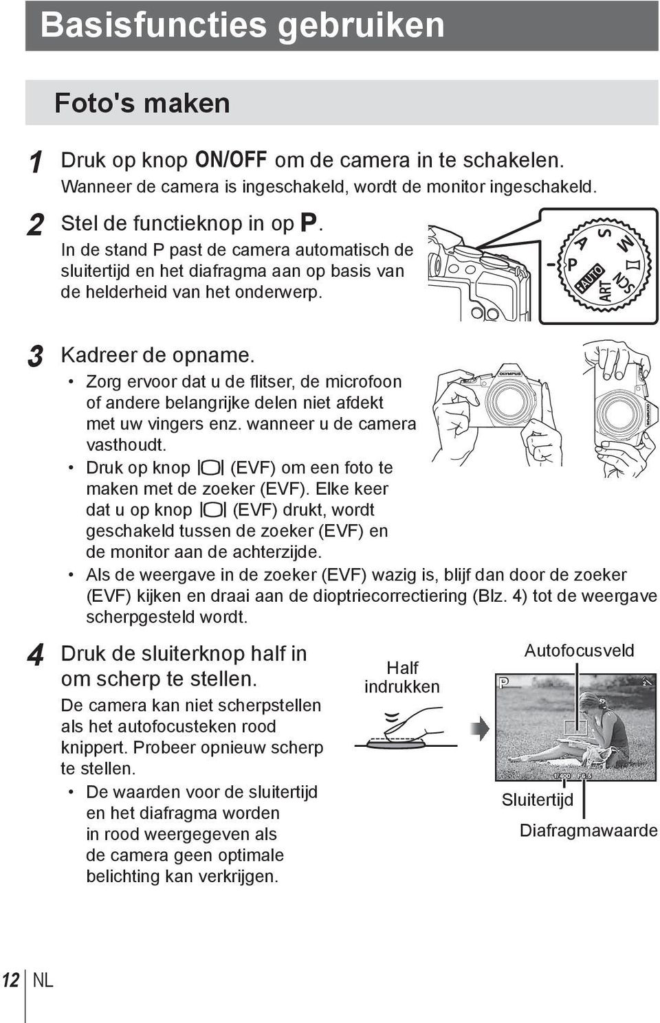 Zorg ervoor dat u de flitser, de microfoon of andere belangrijke delen niet afdekt met uw vingers enz. wanneer u de camera vasthoudt. Druk op knop u (EVF) om een foto te maken met de zoeker (EVF).