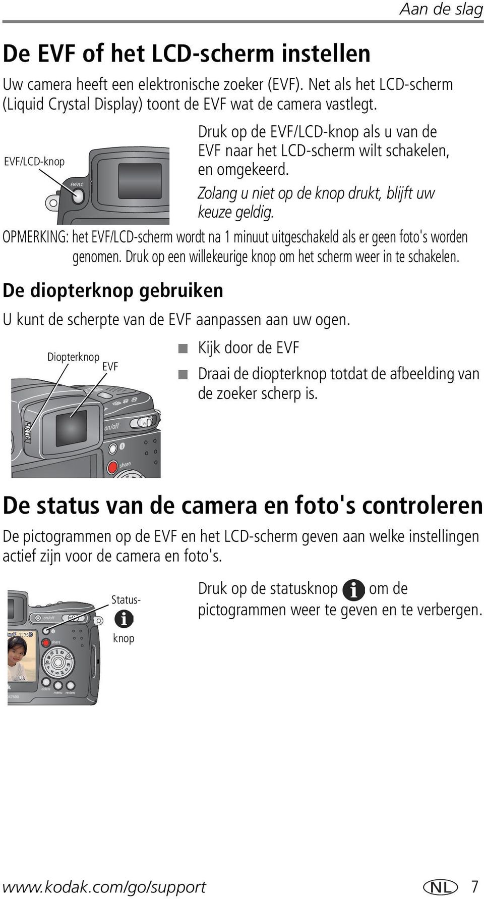 OPMERKING: het EVF/LCD-scherm wordt na 1 minuut uitgeschakeld als er geen foto's worden genomen. Druk op een willekeurige knop om het scherm weer in te schakelen.