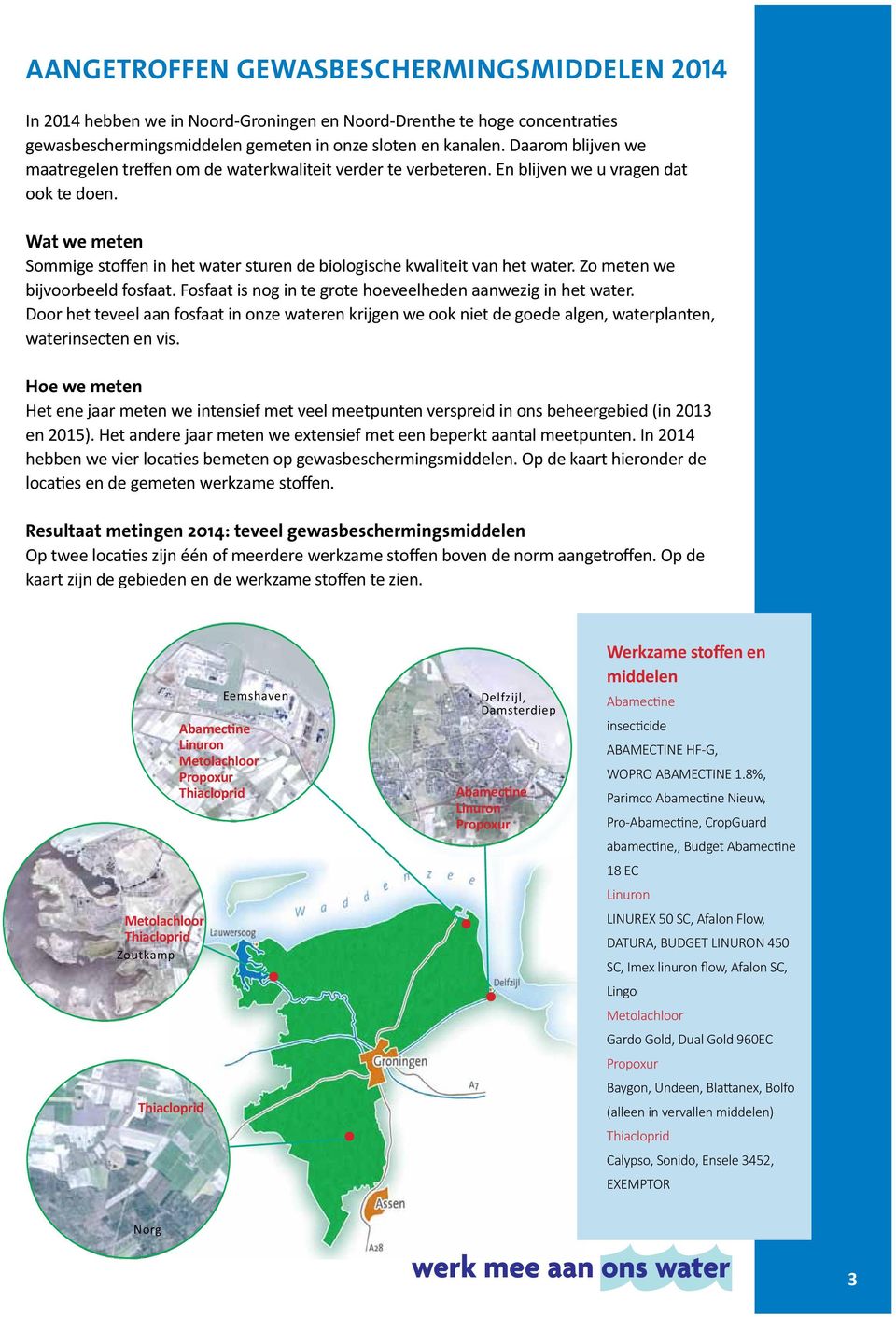 Wat we meten Sommige stoffen in het water sturen de biologische kwaliteit van het water. Zo meten we bijvoorbeeld fosfaat. Fosfaat is nog in te grote hoeveelheden aanwezig in het water.