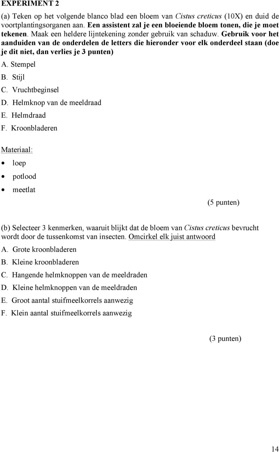 Stempel B. Stijl C. Vruchtbeginsel D. Helmknop van de meeldraad E. Helmdraad F.