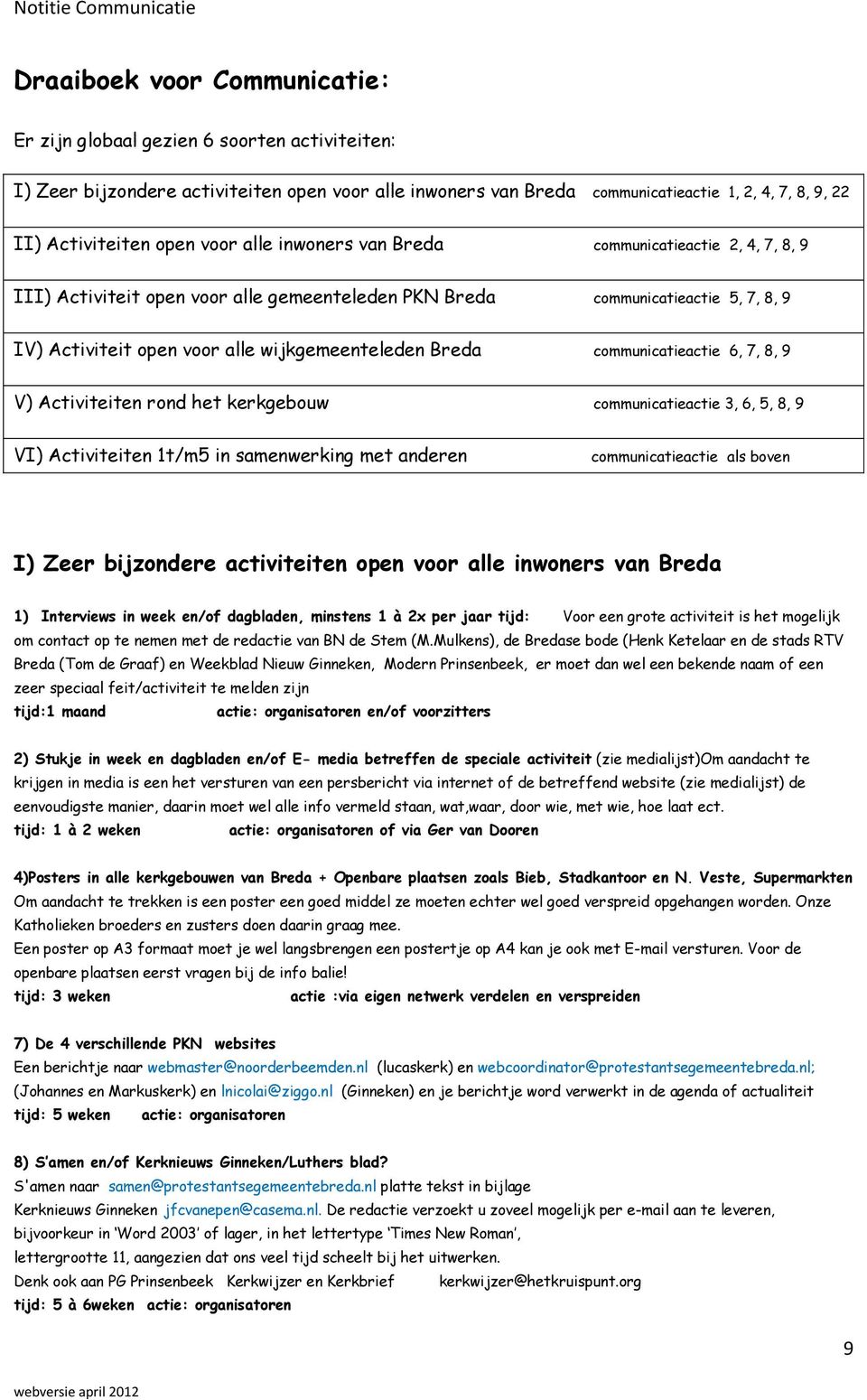 Breda communicatieactie 6, 7, 8, 9 V) Activiteiten rond het kerkgebouw communicatieactie 3, 6, 5, 8, 9 VI) Activiteiten 1t/m5 in samenwerking met anderen communicatieactie als boven I) Zeer