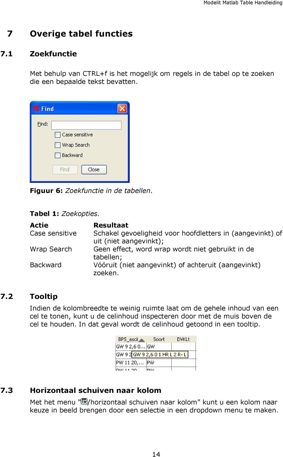 Actie Case sensitive Wrap Search Backward Resultaat Schakel gevoeligheid voor hoofdletters in (aangevinkt) of uit (niet aangevinkt); Geen effect, word wrap wordt niet gebruikt in de tabellen; Vóóruit