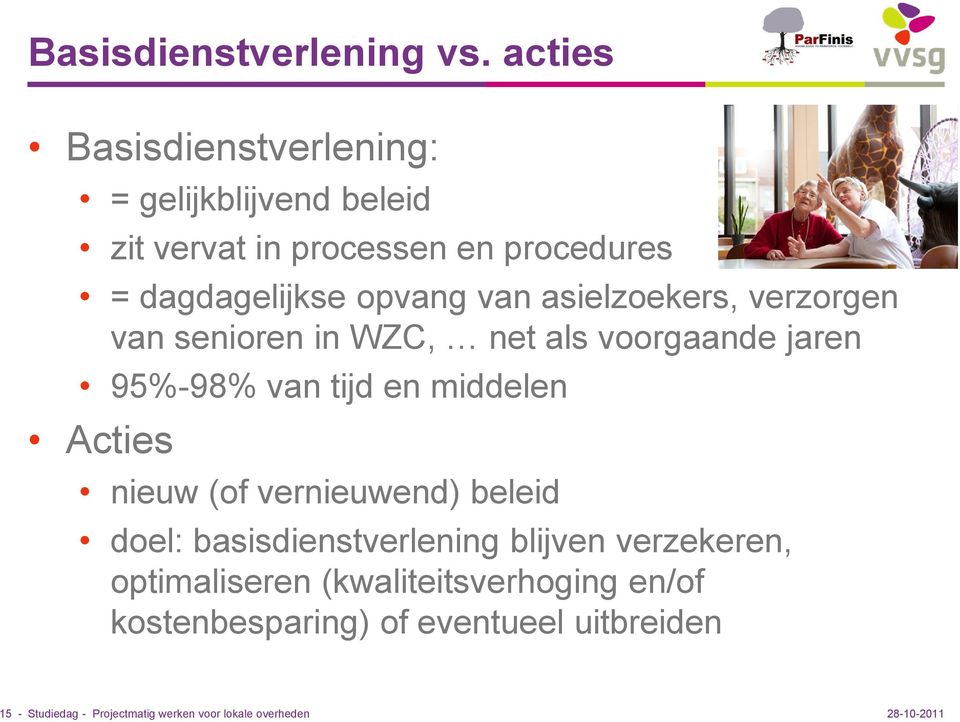 van asielzoekers, verzorgen van senioren in WZC, net als voorgaande jaren 95%-98% van tijd en middelen Acties nieuw