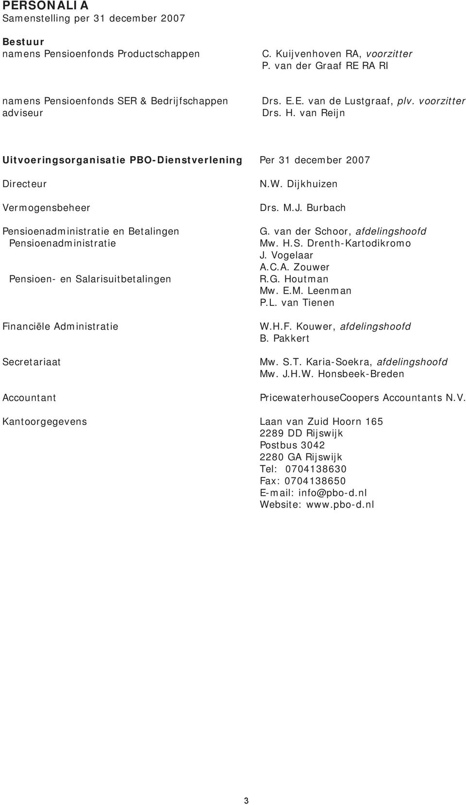 van Reijn Uitvoeringsorganisatie PBO-Dienstverlening Per 31 december 2007 Directeur Vermogensbeheer Pensioenadministratie en Betalingen Pensioenadministratie Pensioen- en Salarisuitbetalingen