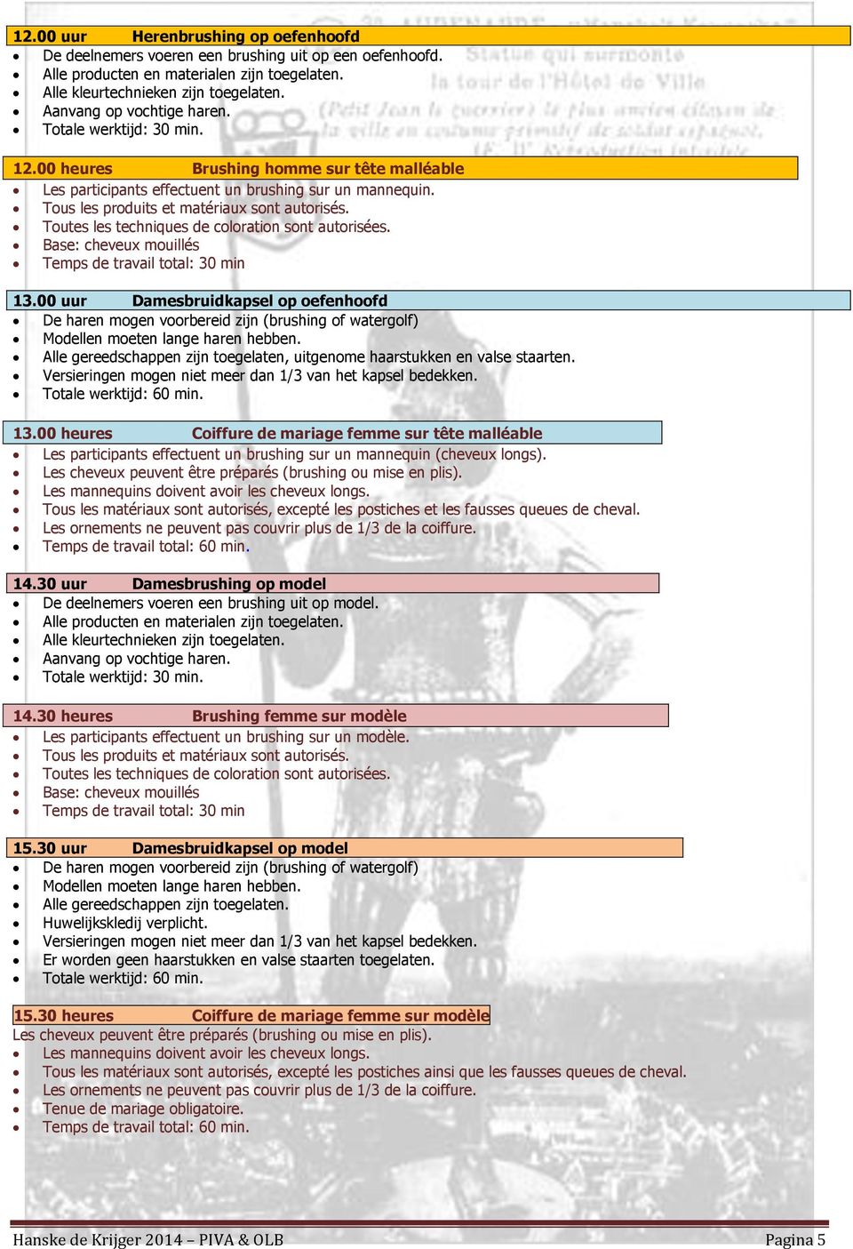 Alle gereedschappen zijn toegelaten, uitgenome haarstukken en valse staarten. Versieringen mogen niet meer dan 1/3 van het kapsel bedekken. Totale werktijd: 60 min. 13.