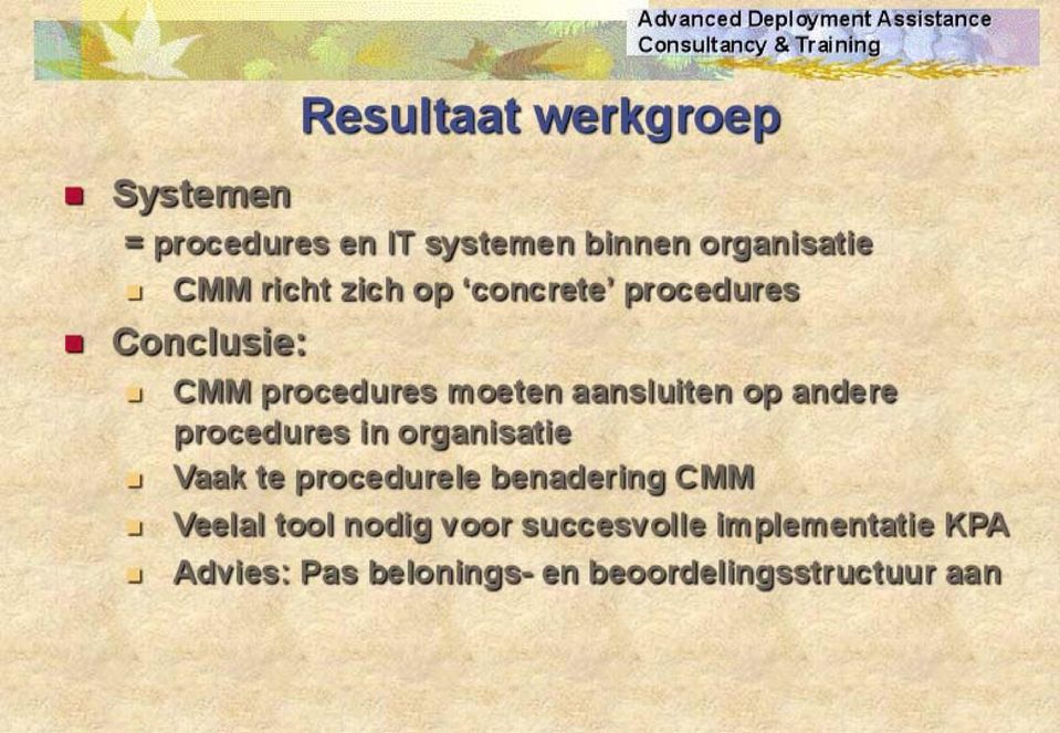 organisatie CMM richt zich op 'concrete' procedures Conclusie: CMM procedures moeten