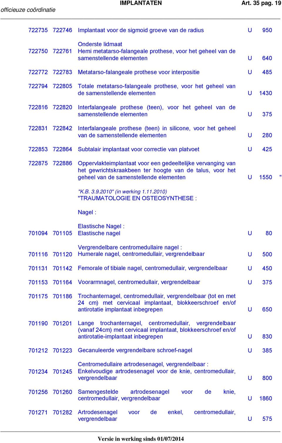 722783 Metatarso-falangeale prothese voor interpositie U 485 722794 722805 Totale metatarso-falangeale prothese, voor het geheel van de samenstellende elementen U 1430 722816 722820 Interfalangeale