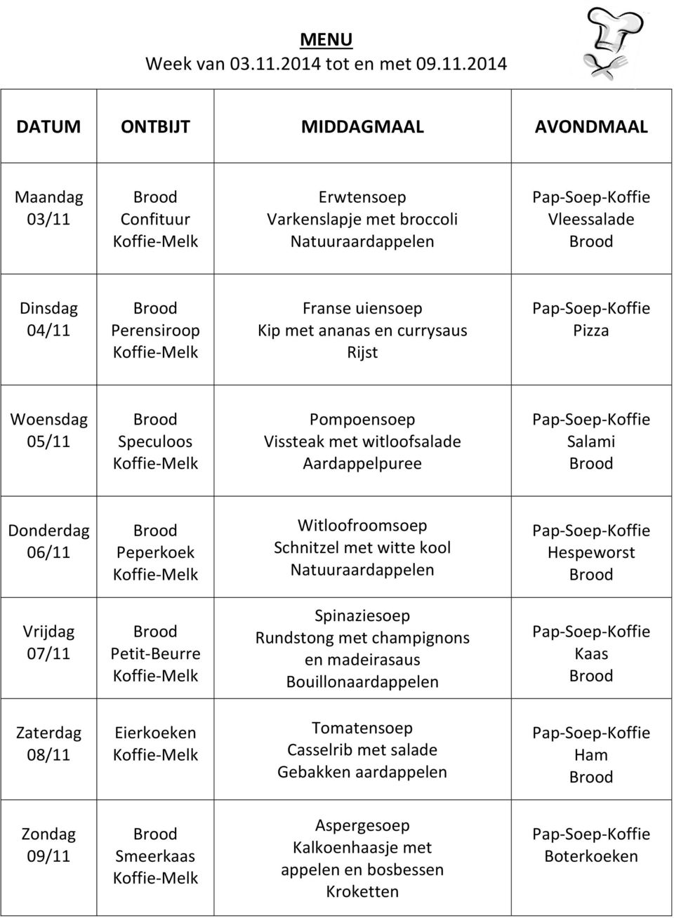 2014 DATUM ONTBIJT MIDDAGMAAL AVONDMAAL Maandag 03/11 Confituur Erwtensoep Varkenslapje met broccoli Natuuraardappelen Vleessalade Dinsdag 04/11 Perensiroop Franse uiensoep Kip met