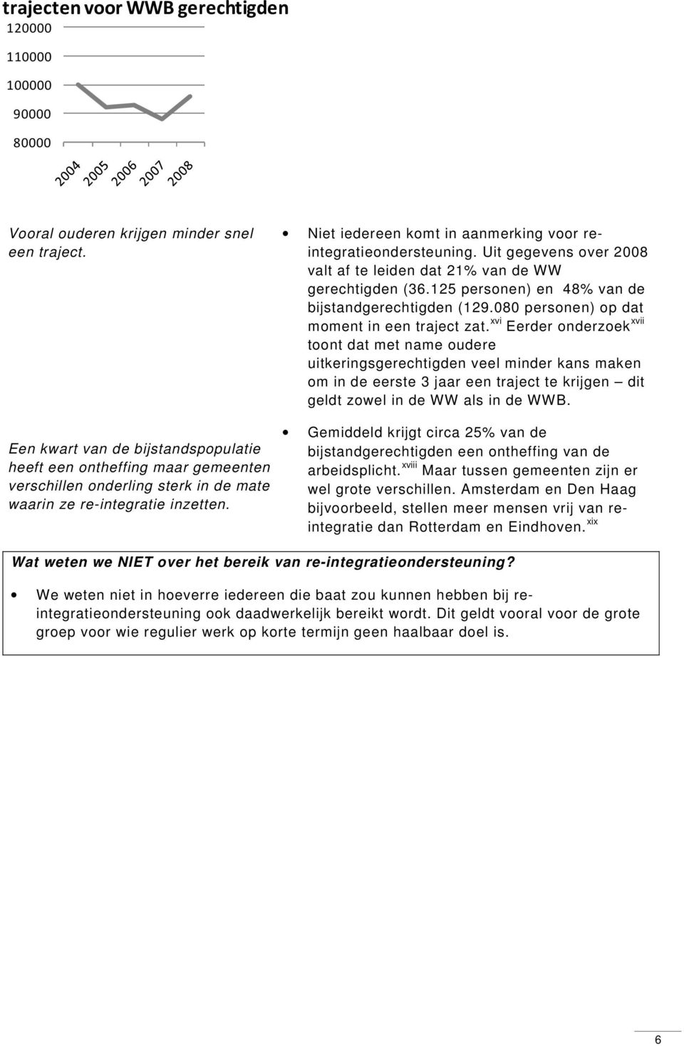 Niet iedereen komt in aanmerking voor reintegratieondersteuning. Uit gegevens over 2008 valt af te leiden dat 21% van de WW gerechtigden (36.125 personen) en 48% van de bijstandgerechtigden (129.