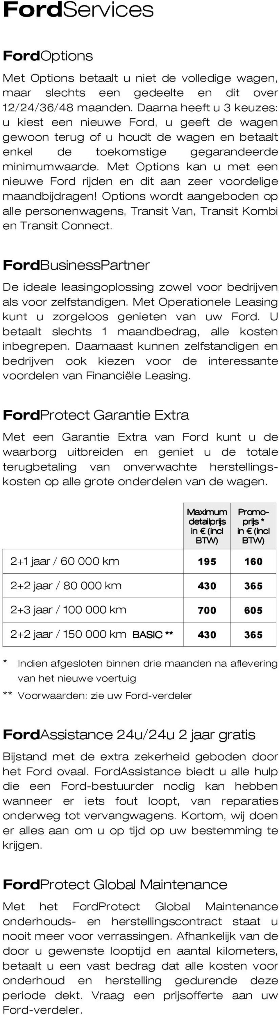 Met Options kan u met een nieuwe Ford rijden en dit aan zeer voordelige maandbijdragen! Options wordt aangeboden op alle personenwagens, Transit Van, Transit Kombi en Transit Connect.