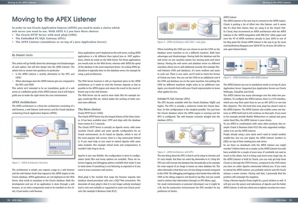 1 you have three choices: The Oracle HTTP Server with mod_plsql (OHS) The Embedded PL/SQL Gateway (EPG) The APEX Listener (standalone or on top of a Java Application Server) By Dimitri Gielis This