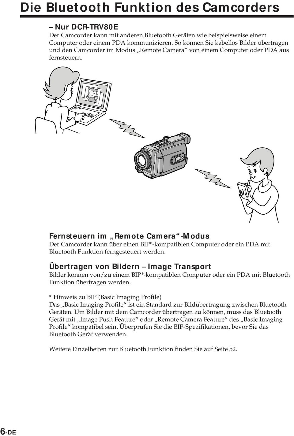 Fernsteuern im Remote Camera -Modus Der Camcorder kann über einen BIP*-kompatiblen Computer oder ein PDA mit Bluetooth Funktion ferngesteuert werden.