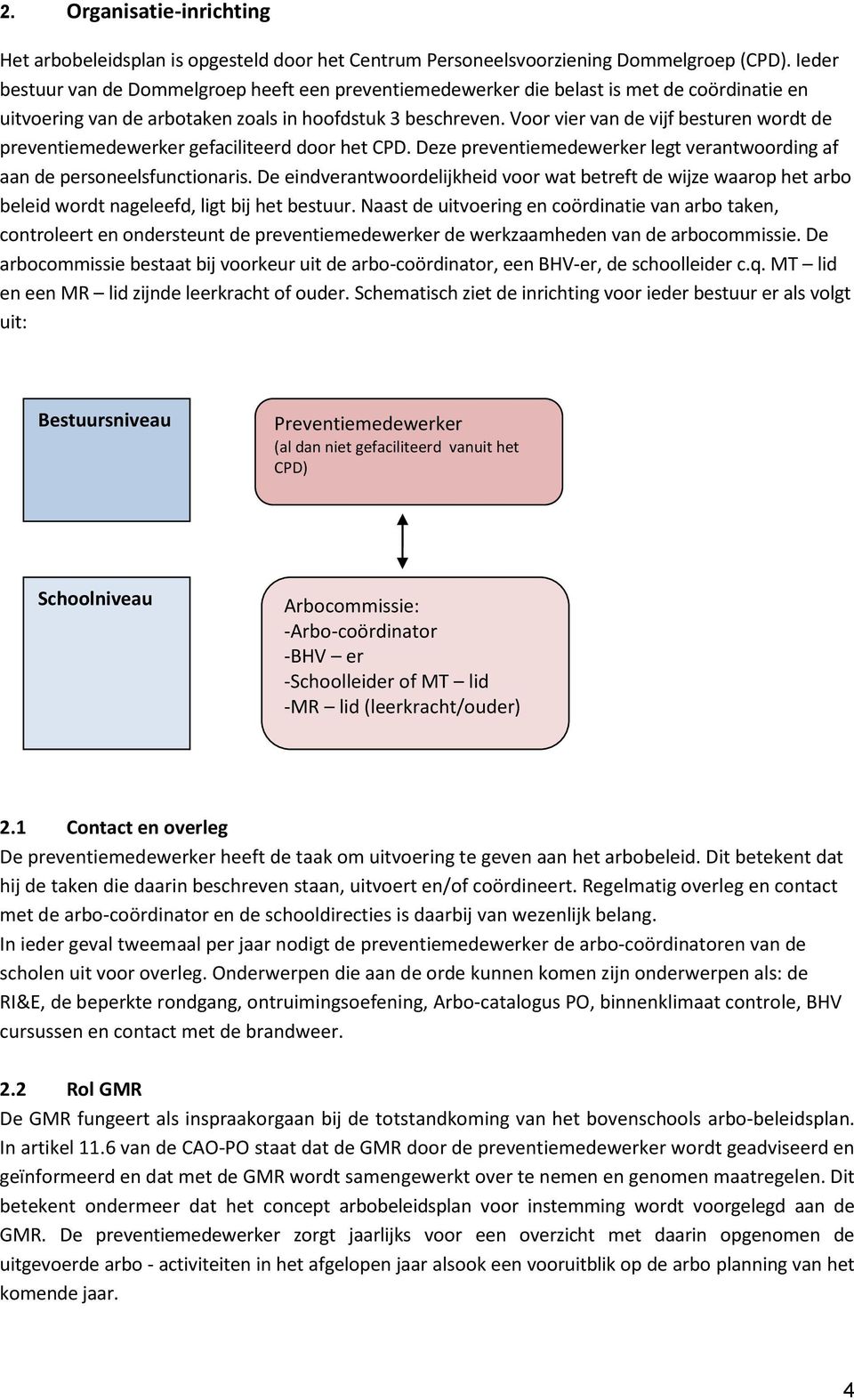 Voor vier van de vijf besturen wordt de preventiemedewerker gefaciliteerd door het CPD. Deze preventiemedewerker legt verantwoording af aan de personeelsfunctionaris.