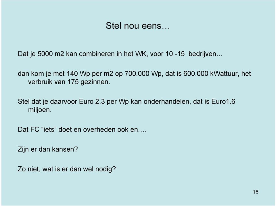 Stel dat je daarvoor Euro 2.3 per Wp kan onderhandelen, dat is Euro1.6 miljoen.