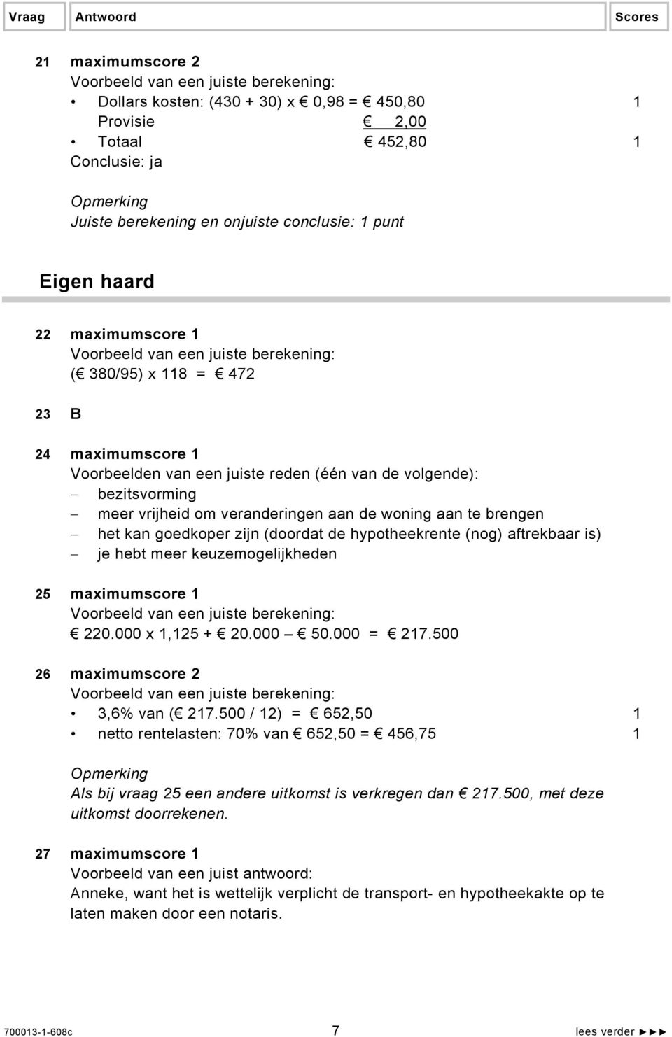 hypotheekrente (nog) aftrekbaar is) je hebt meer keuzemogelijkheden 25 maximumscore 1 220.000 x 1,125 + 20.000 50.000 = 217.500 26 maximumscore 2 3,6% van ( 217.