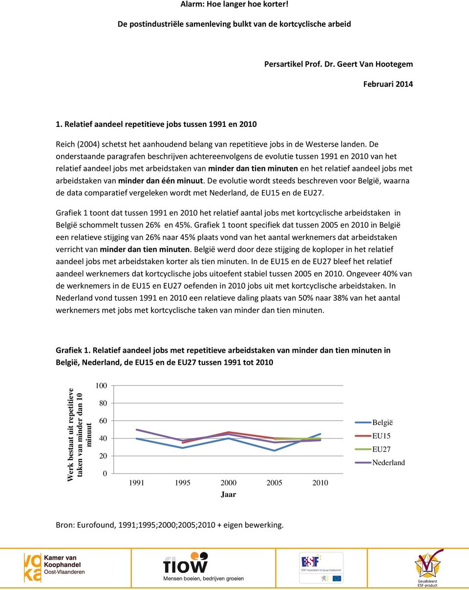 De onderstaande paragrafen beschrijven achtereenvolgens de evolutie tussen 1991 en 21 van het relatief aandeel jobs met arbeidstaken van minder dan tien minuten en het relatief aandeel jobs met