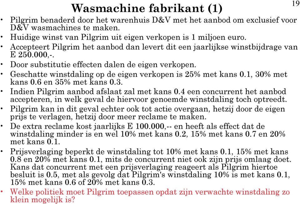 Geschatte winstdaling op de eigen verkopen is 25% met kans 0.1, 30% met kans 0.6 en 35% met kans 0.3. Indien Pilgrim aanbod afslaat zal met kans 0.