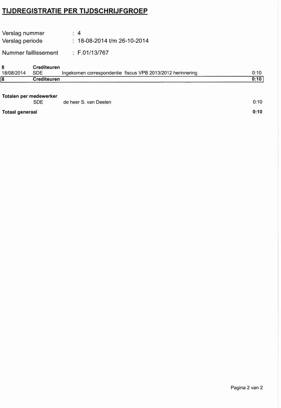 01/13/767 8 18/08/2014 Crediteuren SDE Ingekomen correspondentie fiscus VPB