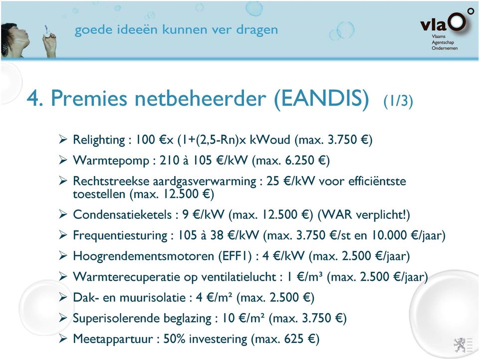 ) Frequentiesturing : 105 à 38 /kw (max. 3.750 /st en 10.000 /jaar) Hoogrendementsmotoren (EFF1) : 4 /kw (max. 2.